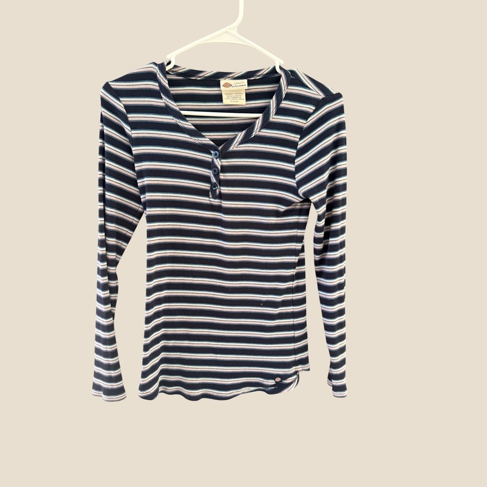 Dickies Womens Navy Blue Striped Ribbed Long Sleeve Henley Top Small Fall Winter